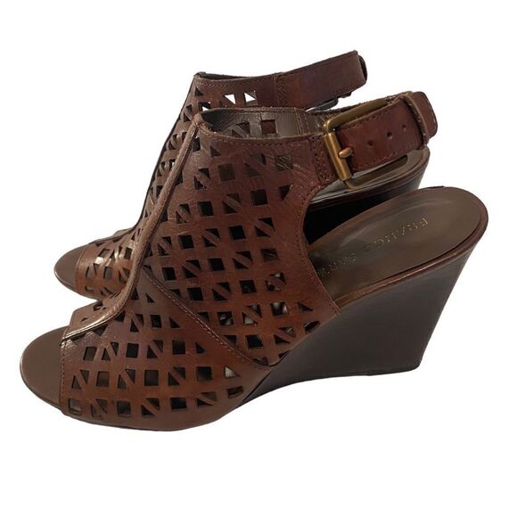 Franco Sarto Brown Leather Laser Cut Open Toe Wedges w/ Adjustable Ankle Strap - Picture 2 of 6